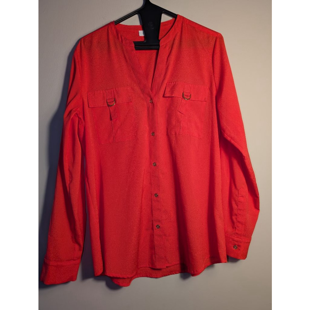Calvin Klein Red Long-Sleeve Button Front Blouse - Picture 2 of 5